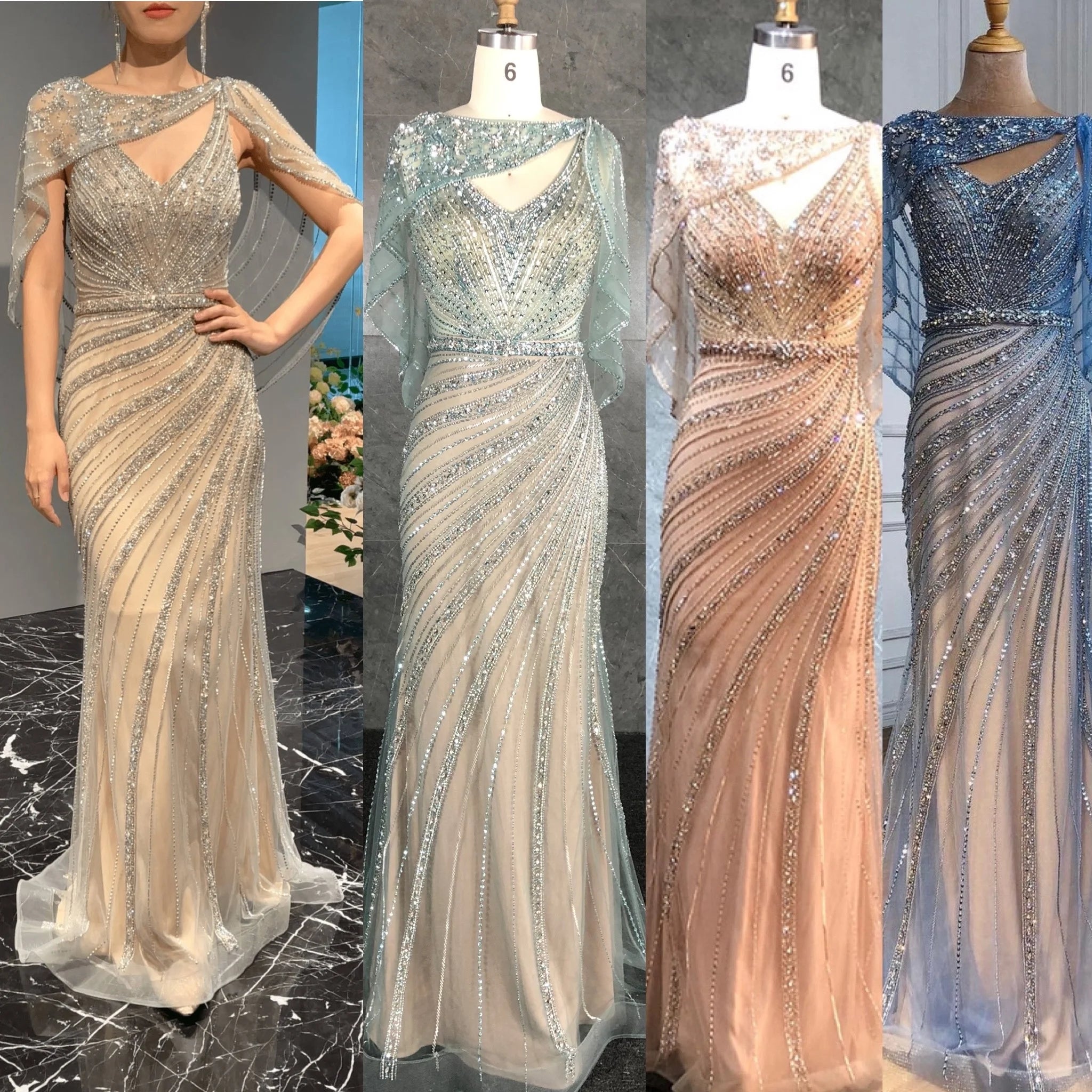2021 New Fashion Beading Evening Dress Mermaid V Neck Sexy Party Wear Gown With Cape for Women