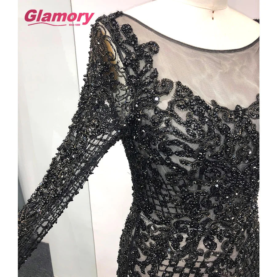 Latest Sleeve Black Dresses Dubai Womens Long Mermaid Prom Luxury Beading Evening Dress