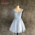 Wholesale 2020 Summer Blue Short Banquet Lace Appliqued Plus Size Beading Backless Homecoming Dress