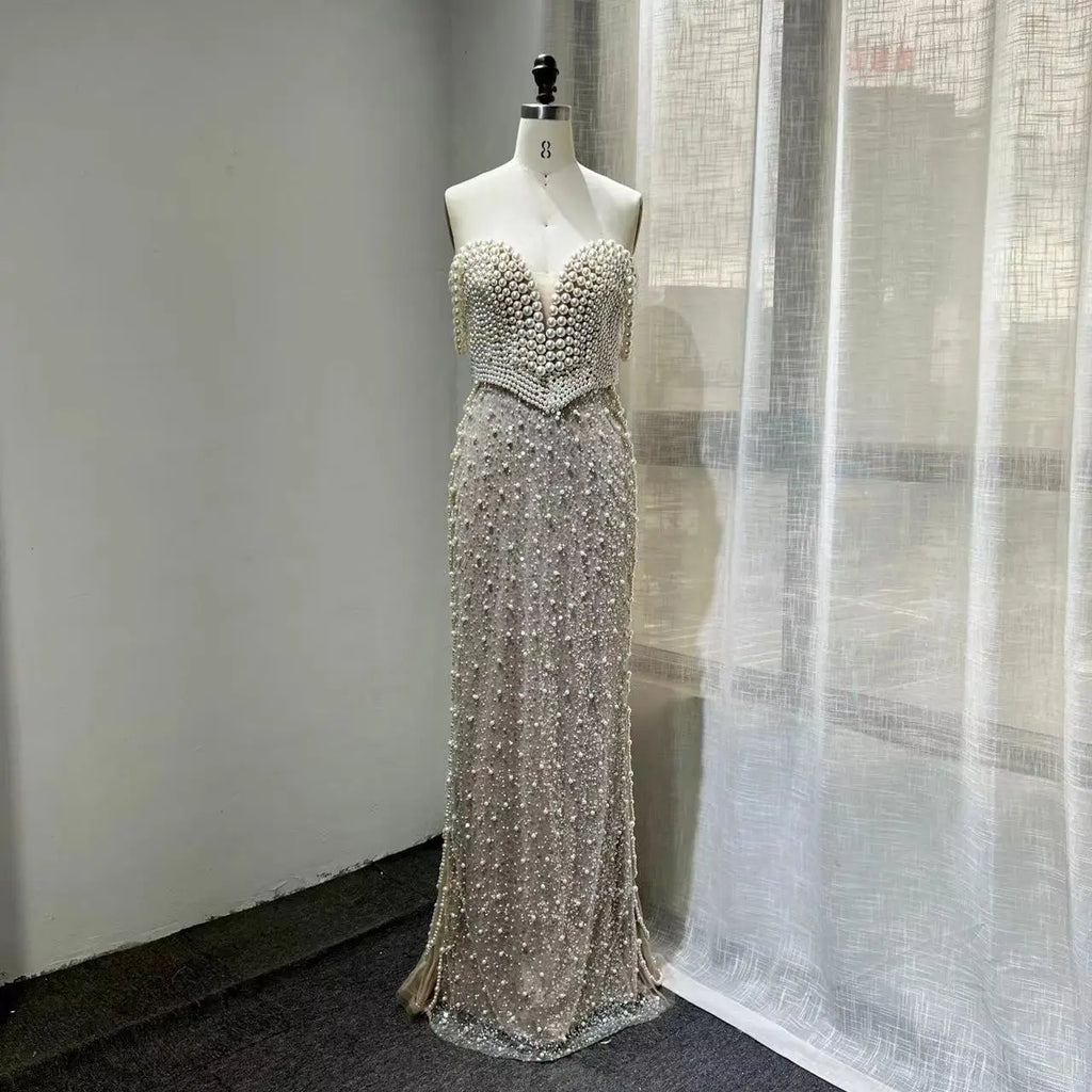 White Nude Elegant Pearls Spaghetti Straps Party Dress 2024 Dubai Mermaid Evening Dresses for Wedding Party