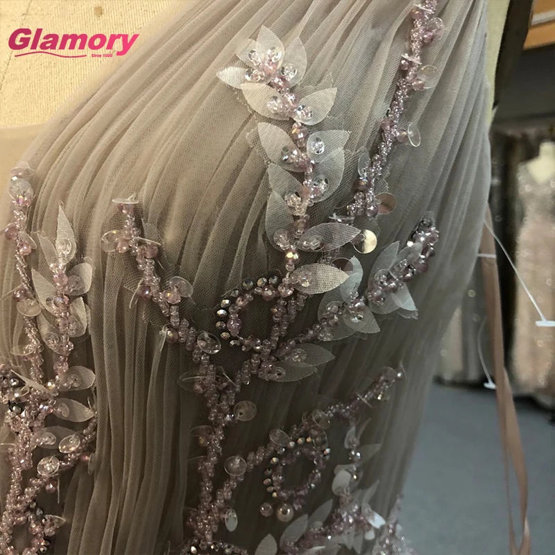 2020 Fashion New Design Grey Tiered Tulle Evening Dresses Long Beaded Lace Floral Applique Prom Gown