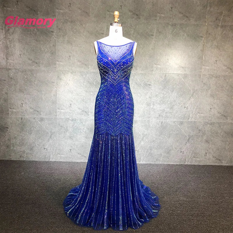 Royal Blue Elegant Beaded Prom Dress High Quality Vestido De Fietsa Sexy Mermaid Long Crystal Party Gowns