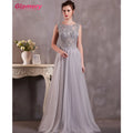 Gray Dresses Long Sexy See Through Lace Appliques Prom O-neck Floor-length Tulle Evening Dress