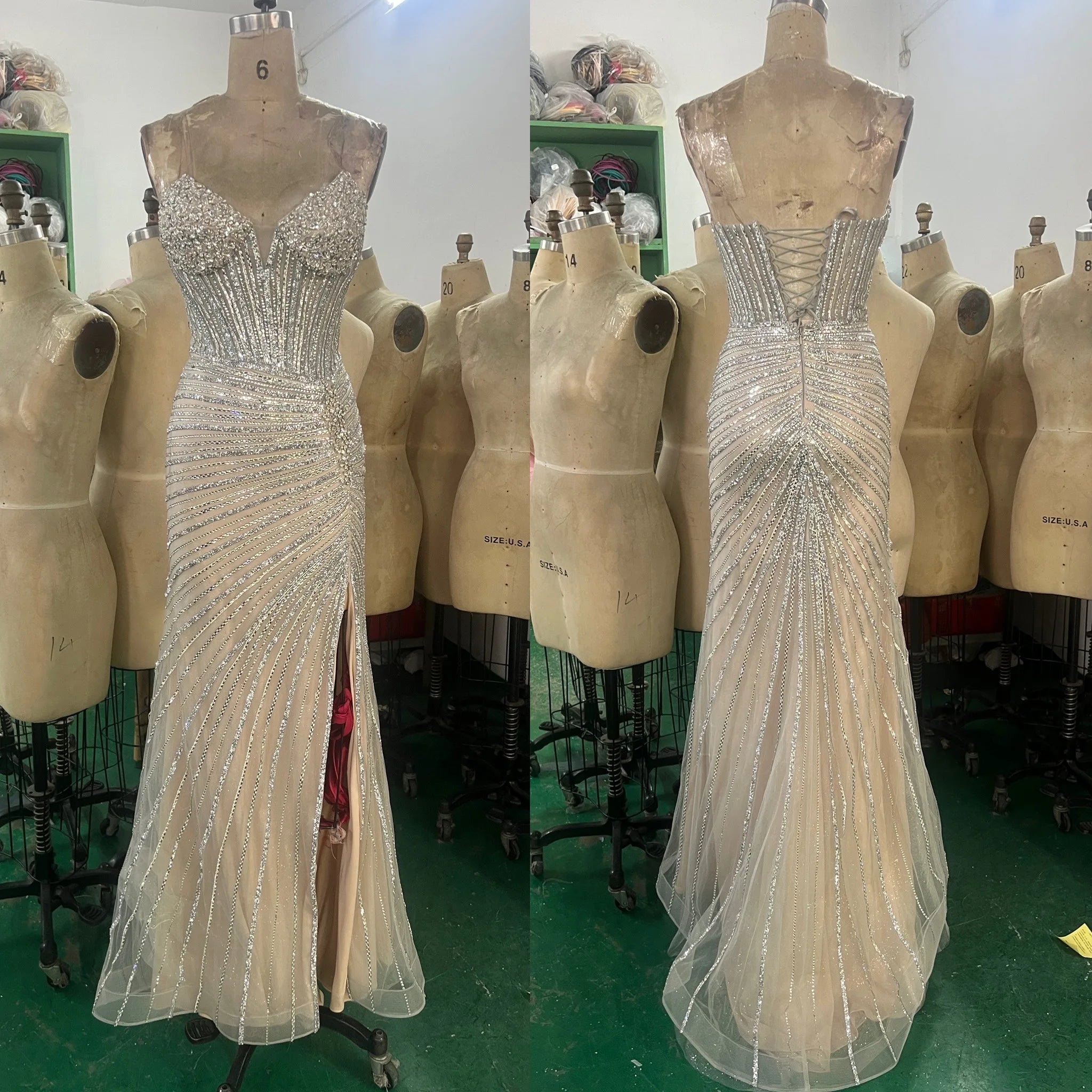 Glamorous Crystal Mermaid Prom Gown with Front Split Beaded Evening Dresses for Women Wedding Party Gowns