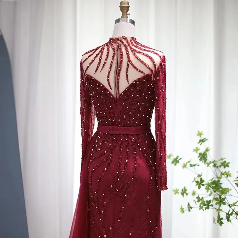 New Navy Blue Mermaid Dubai Evening Dress With Detachable Skirt Long Sleeve Arabic Formal Gowns for Women