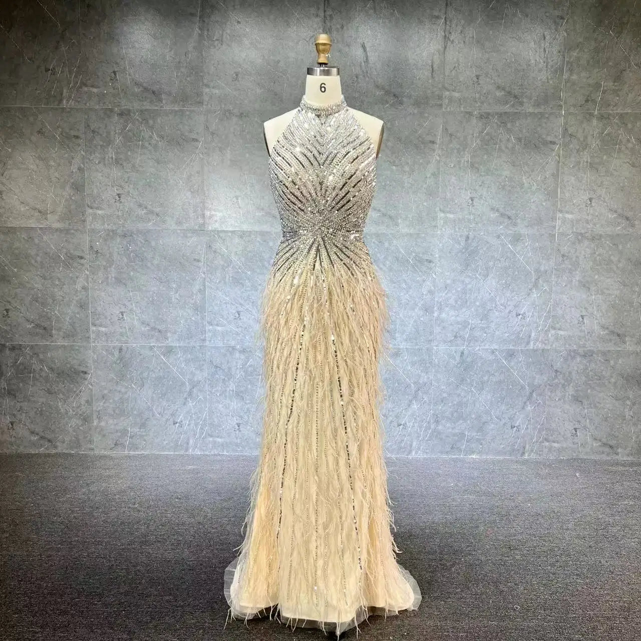 New Arrival Luxury Beaded Gown With Feathers High Neck Thigh Sheer Long Elegant Evening Dresses