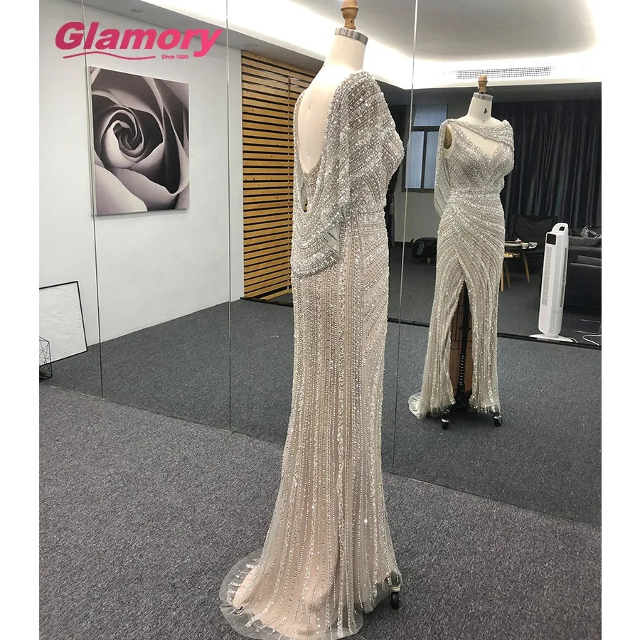 2020 Real Sample Pictures Rhinestones Mermaid Sexy Slit Prom Gown Vestido De Festa Evening Dress