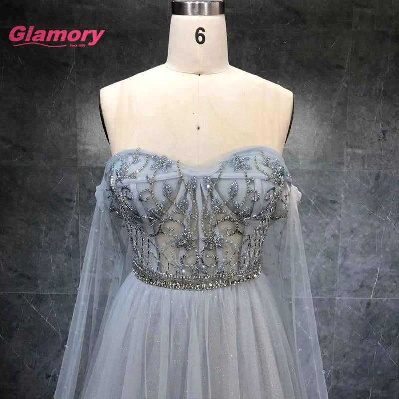 New Style Banquet Evening Dress Off-shoulder Semi Transparent Sexy Beading Tulle Prom Dresses