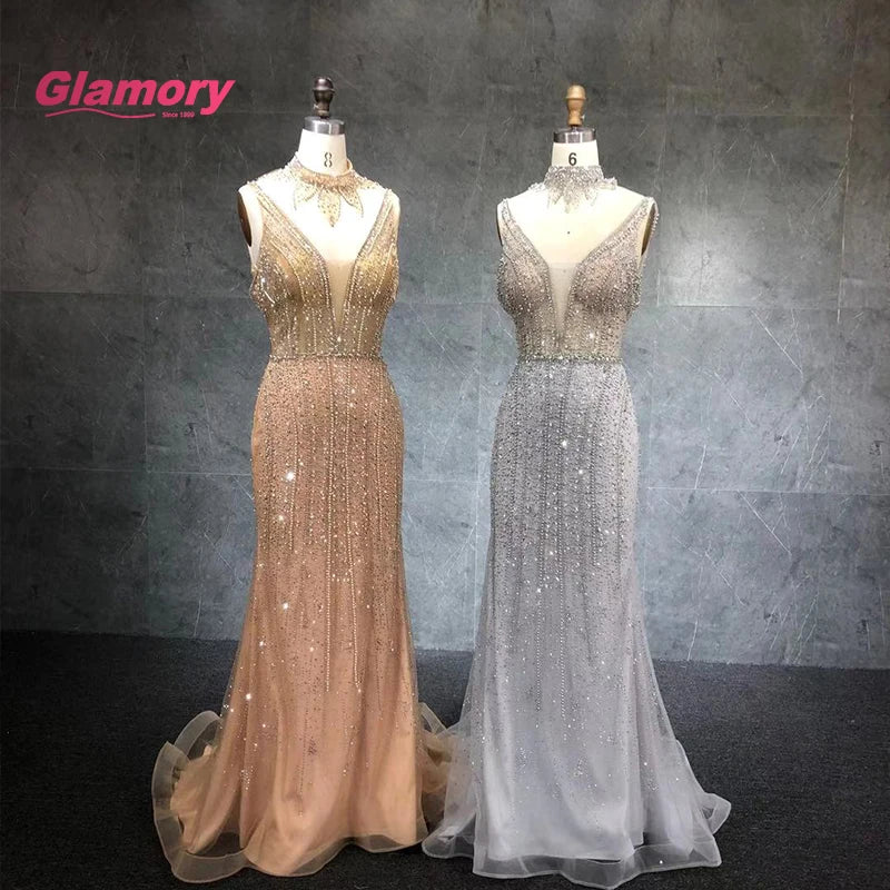 Available Gold Evening Dress Deep V Neck Sexy Sparkly Beading Formal Mermaid Pageant Dresses