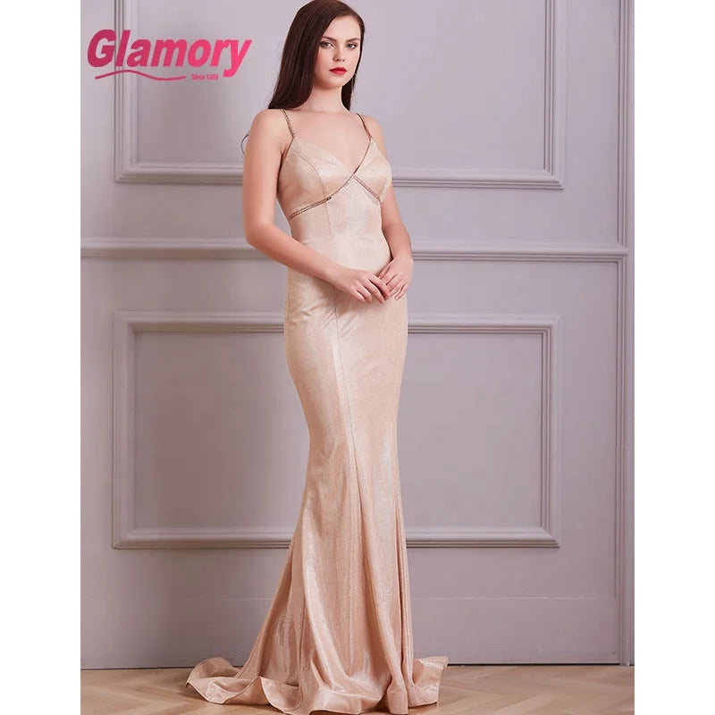 Spaghetti Strap A-line Lady Long Hot Drilling Rose Gold Gown Evening Dress