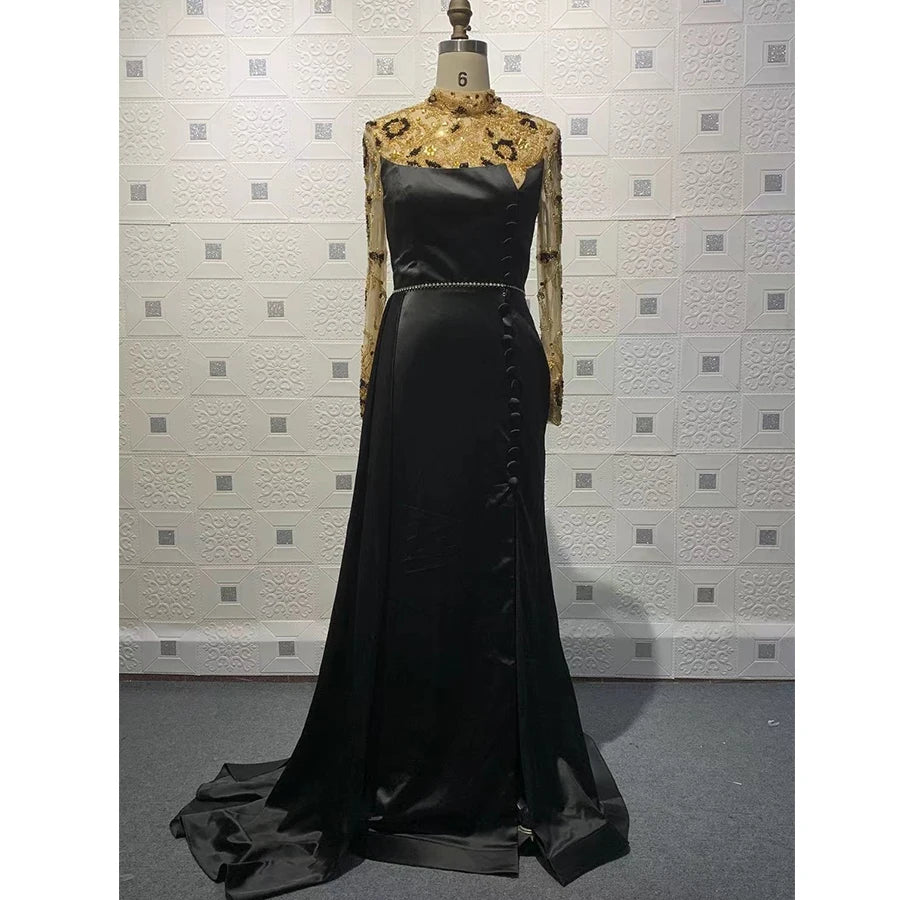 2022 New Arrival Fashion High Neck Elegant Gown Ladies Long Sleeves Mermaid Beaded Evening Gowns