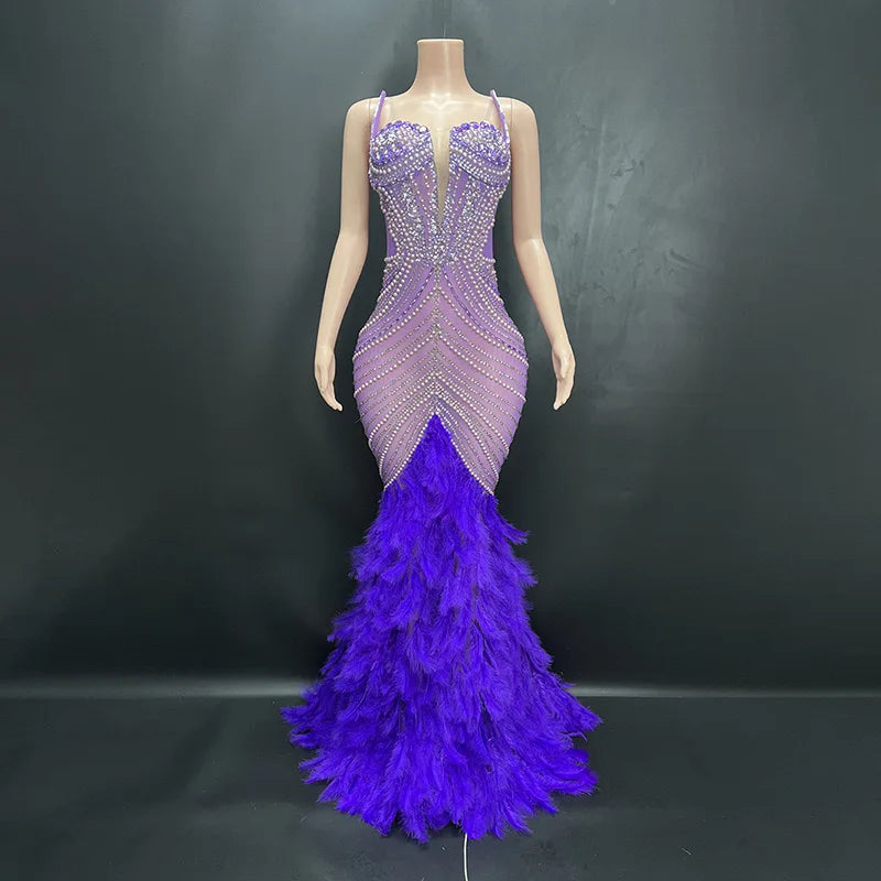 Luxury Pearls Grand Feather Sexy Floor-Length Dress Evening Party Performance Costume Bar Nightclub Singer Dancer Wear