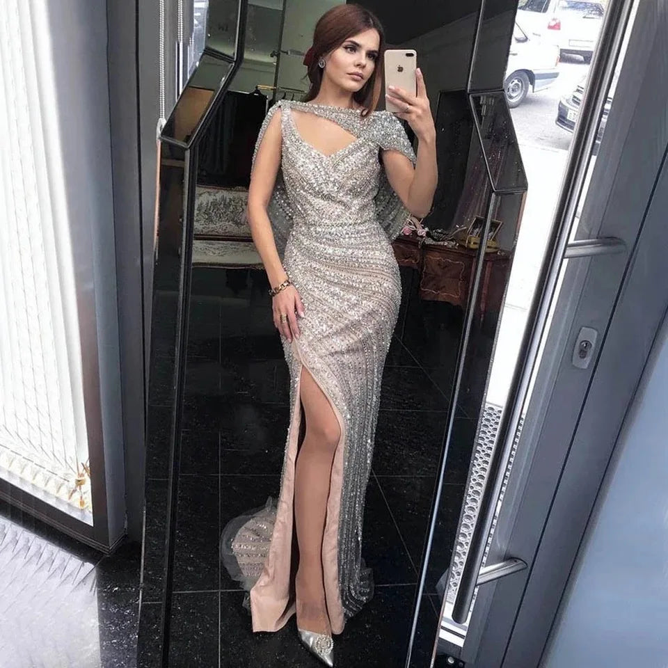 New Fashion Beading Evening Dress Mermaid V Neck Sexy Party Wear Gown With Cape for Women