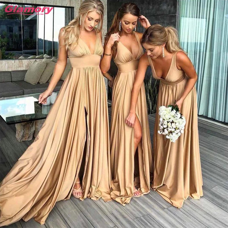 Gold Sexy Slit Long Chiffon Prom Party Gowns Empire Waist Latest Adult Cheap Bridesmaid Dresses