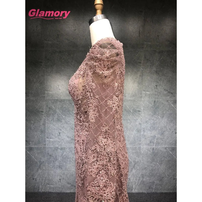 2021 New Arrival Long Sleeve Full Lace Evening Dresses Pink V-neck Embroidery Lace Evening Gown