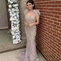 Luxury Dubai Champagne Feathers Evening Dress Long Mermaid Prom Formal Dress for Women Wedding Party Gown
