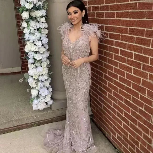 Luxury Dubai Champagne Feathers Evening Dress Long Mermaid Prom Formal Dress for Women Wedding Party Gown