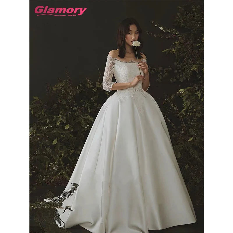 White Off Shoulder Gowns High Quality Lace Long Sleeve Plus Size Satin Wedding Dresses