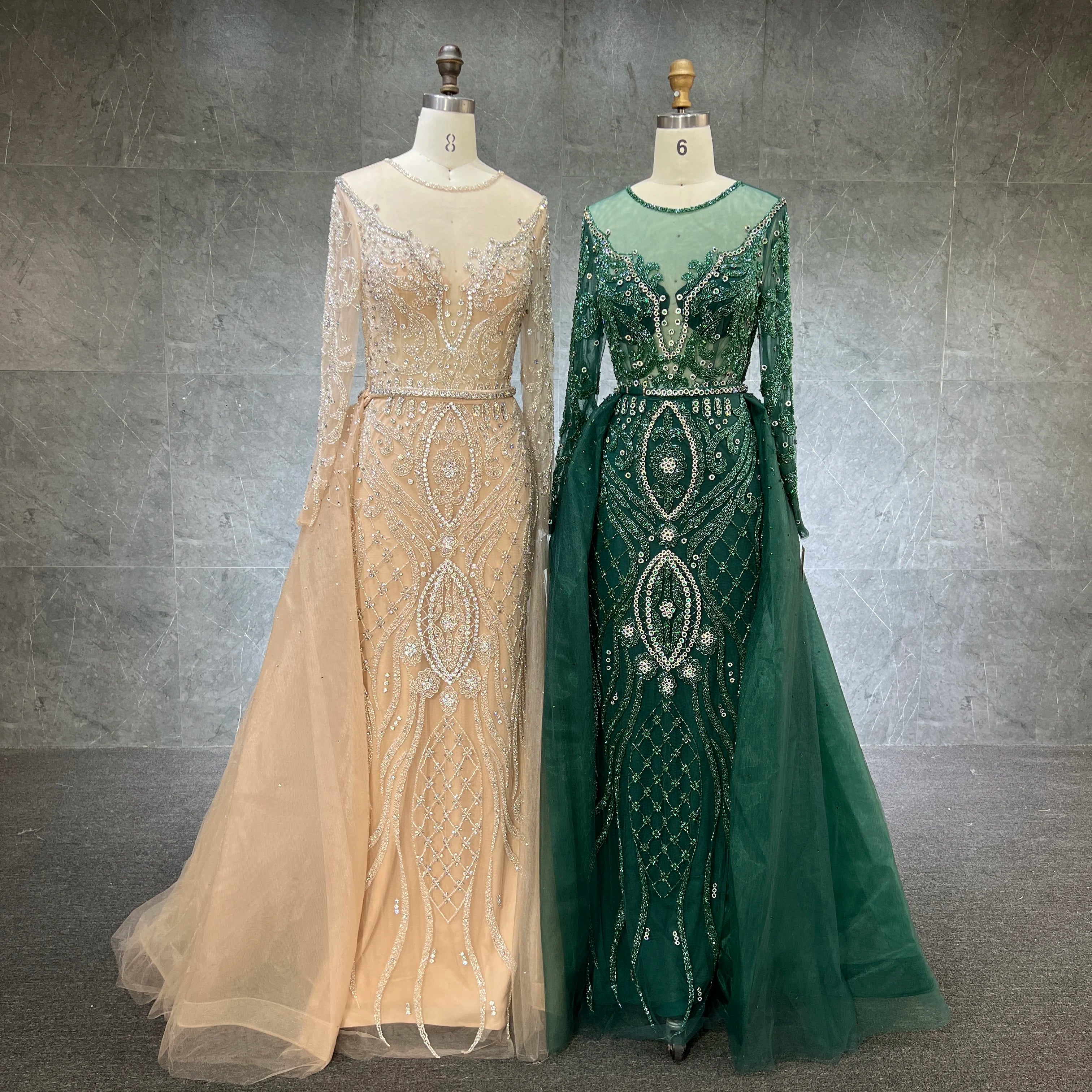 New Muslim Nude Silver Elegant Mermaid Beaded Luxury With Skirt Long Sleeve Evening Dresses Gowns