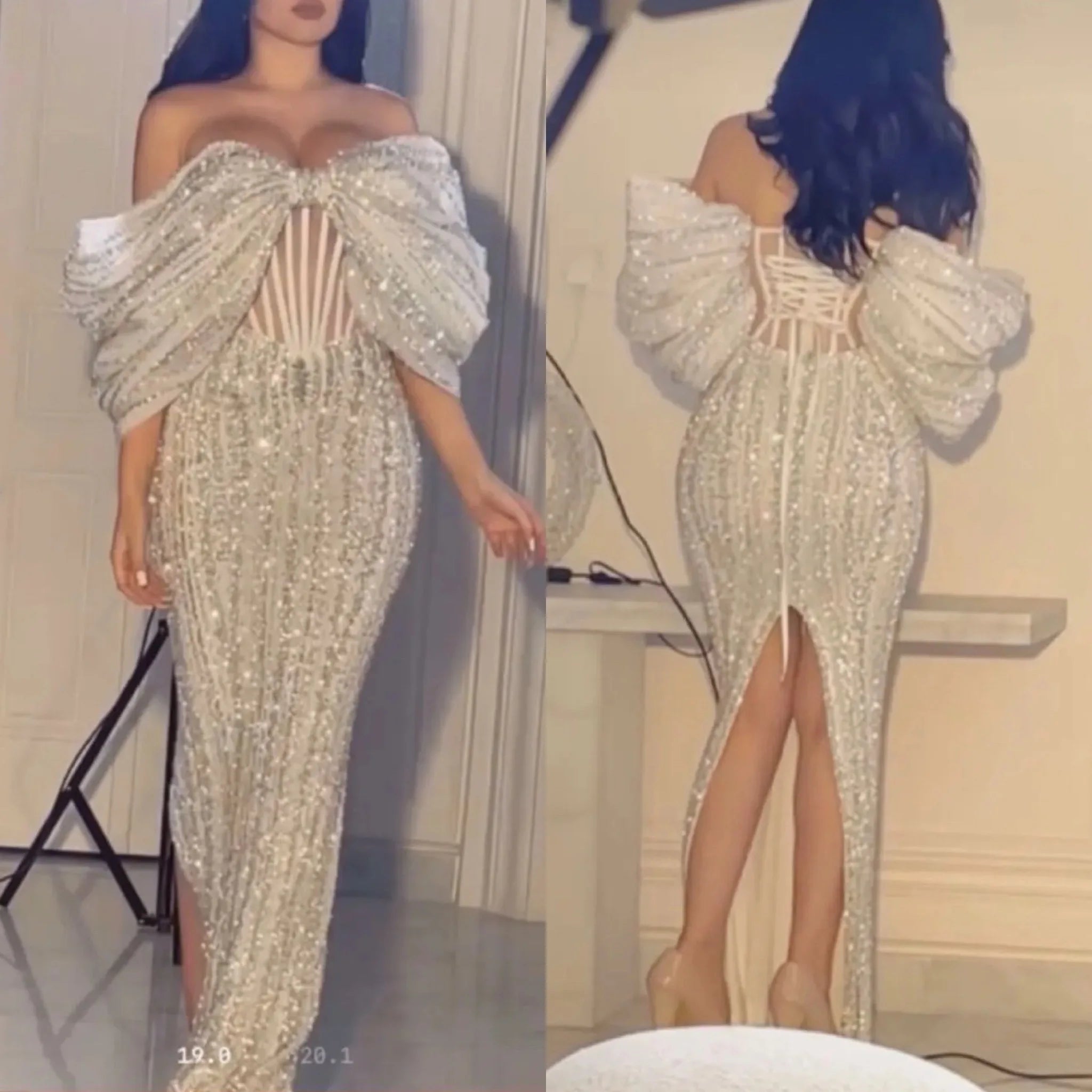 Luxury Dress Women Celebrity Party Wear Sexy V Neck Sleeve Pearl Design Spaghetti Strap Maxi Long Gown