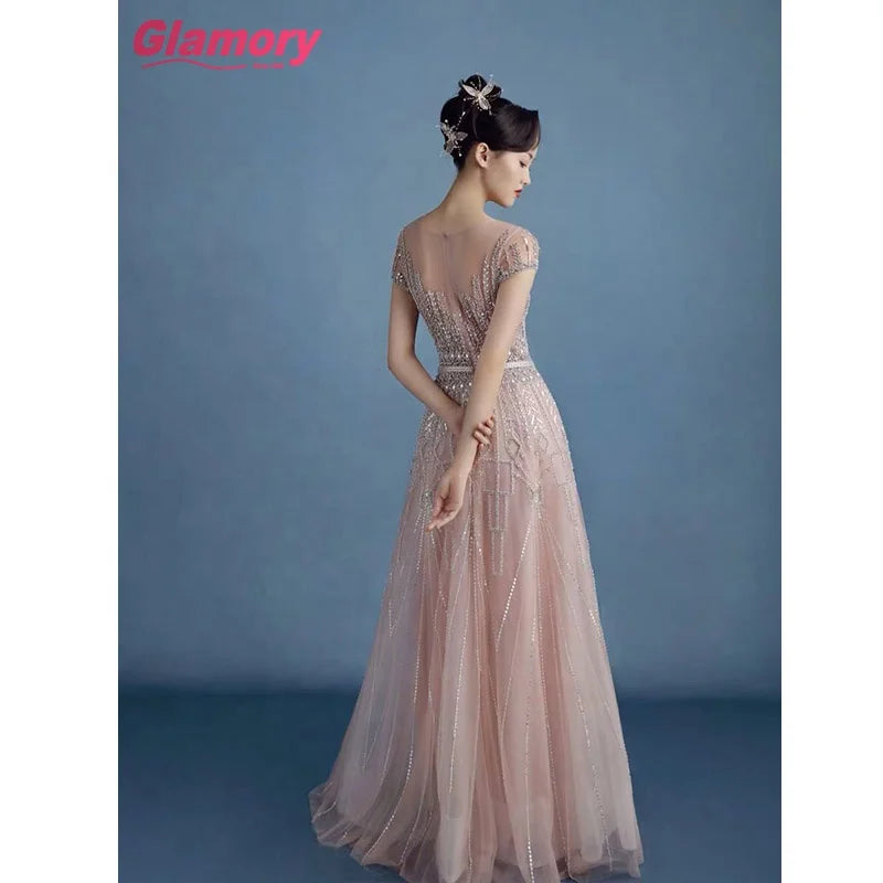 Luxury Evening Dress Beads O Neck Ball Gown Women Dresses Gown Ladies Prom Dresses