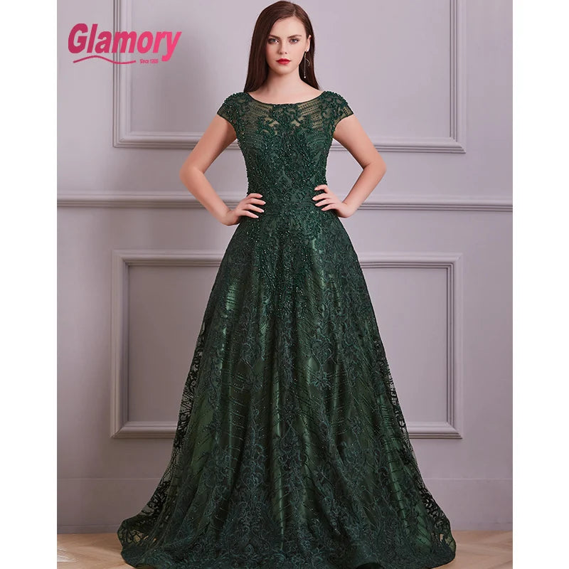2020 New Collection Army Green Evening Lace Luxurious Beading Cap Sleeve a Line Long Prom Dress Formal Occasion Gowns
