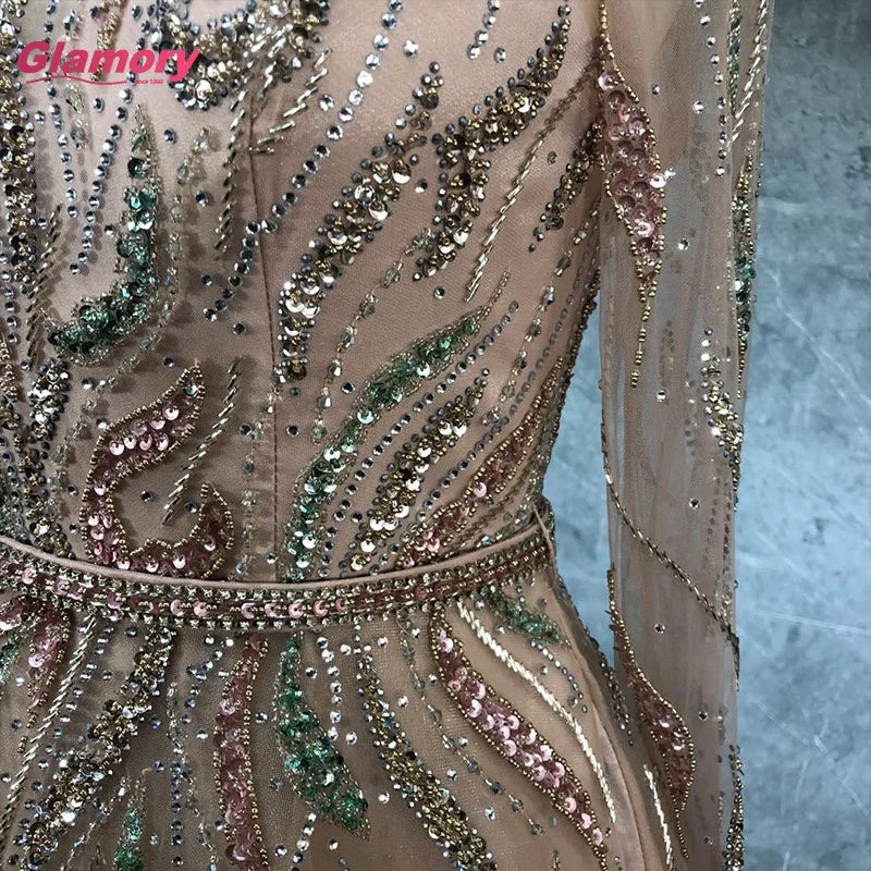 2021 New Fashion O-Neck Full Sleeve Ball Gown Colourful Beading Party Prom Dress for Women