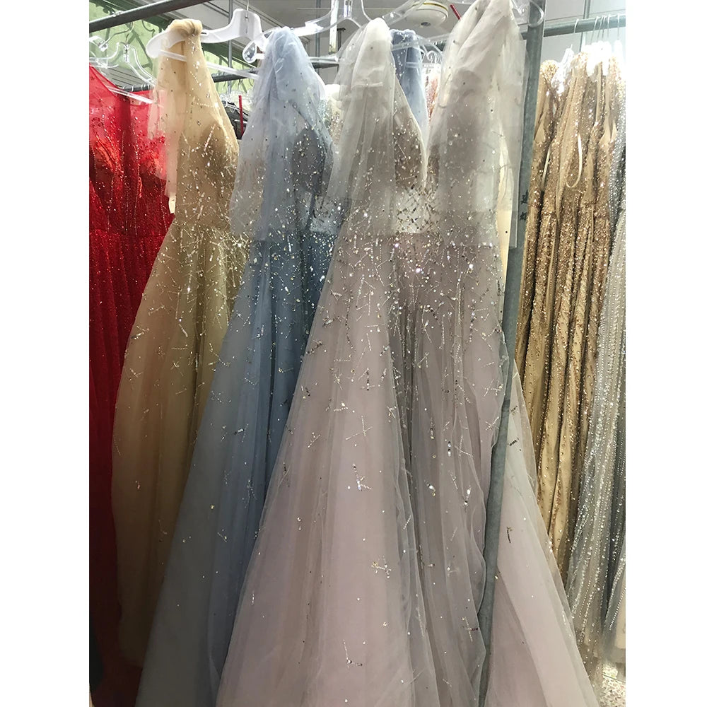 NEW  Women Elegant a Line Evening Dresses Illusion Deep V Neck Beading Party Evening Dresses