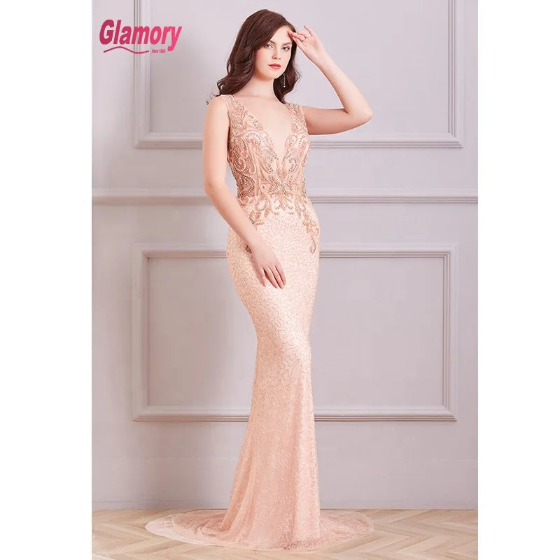 Pink Luxury Beading Low Back Sleeveless Long Evening Custom Made Girls Prom Dress