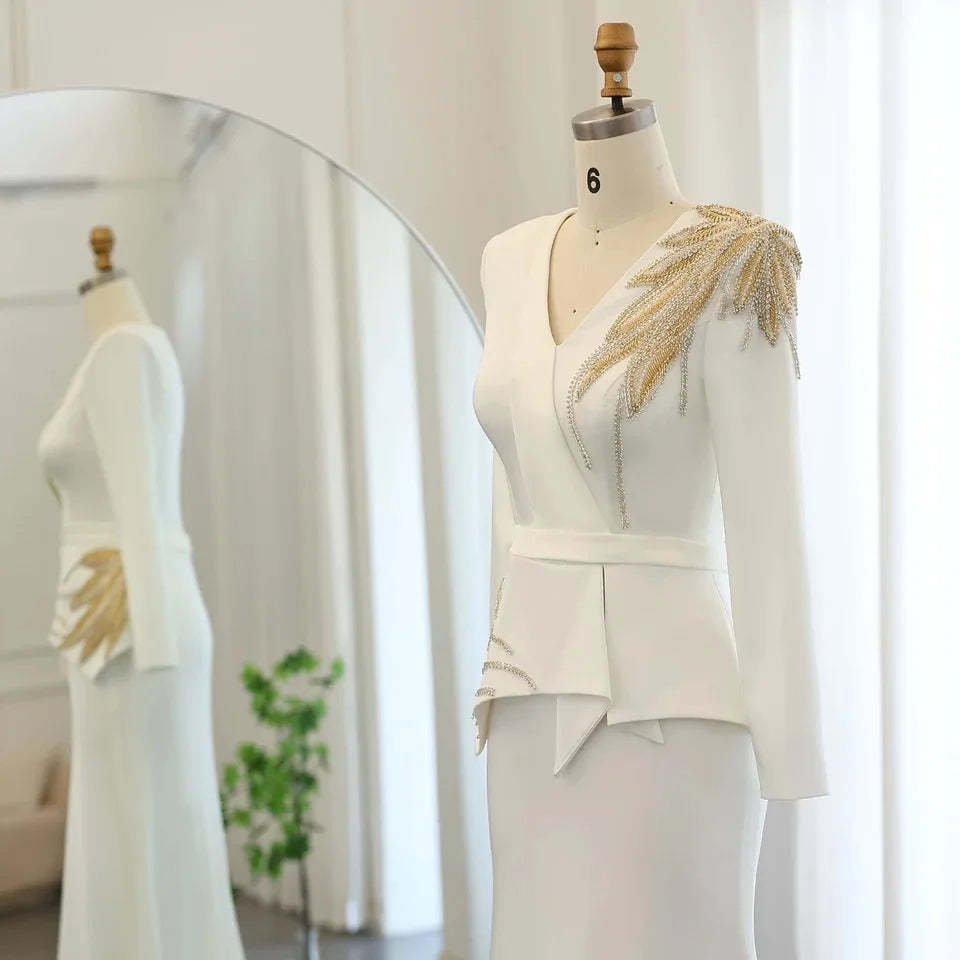 Elegant White Mermaid  MuslimEvening Dress With Long Sleeves Gold Beaded Arab Muslim Women Wedding Party Gowns