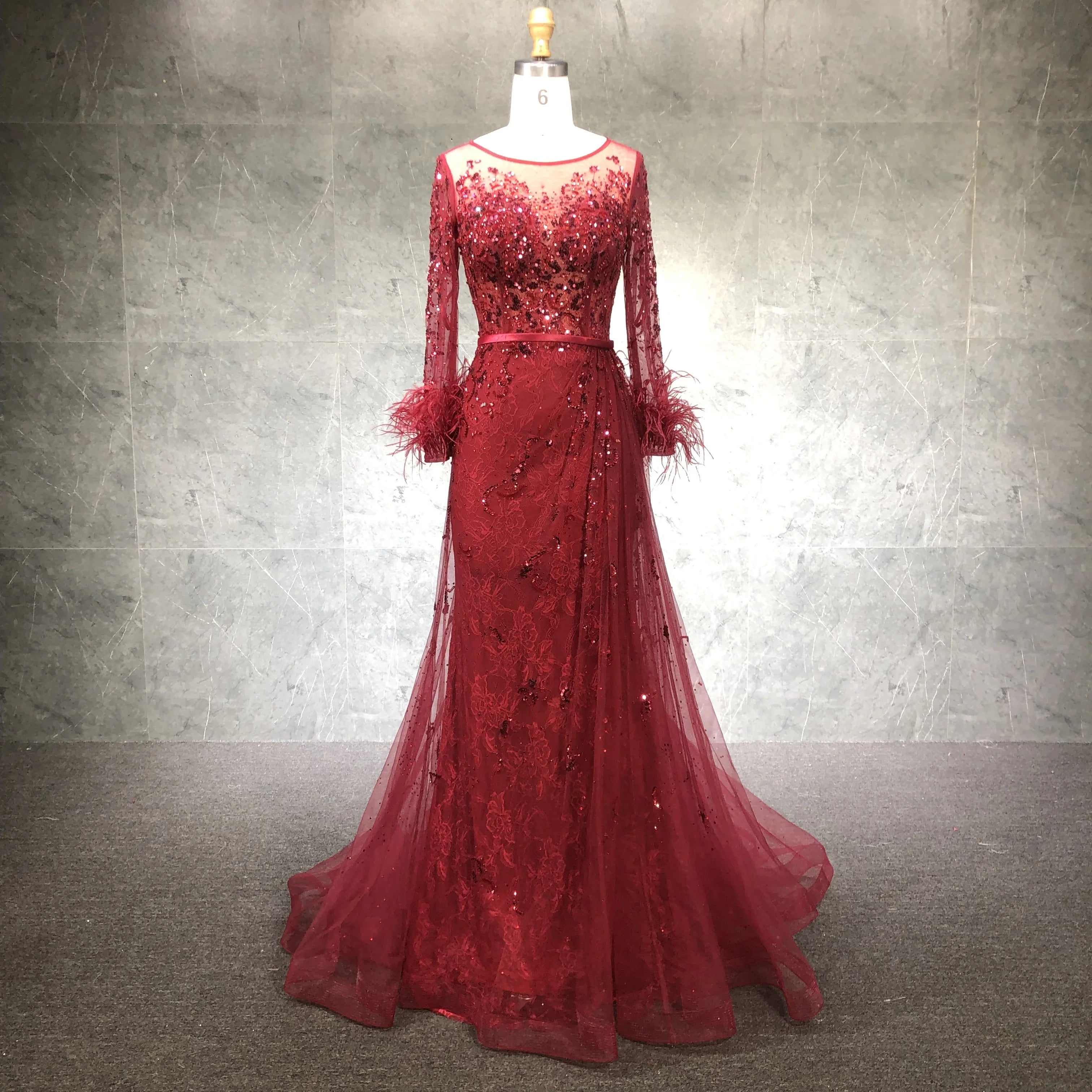 Champagne Long Sleeve Dress Beaded Feather Long Dress Elegant  Party Evening Gowns for Women