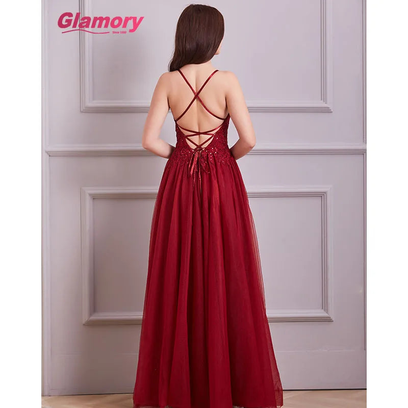 Hot Sales Girls Dress Party Banquet Sexy Backless Burgundy Gown Wholesale Lace Evening Dresses for Women