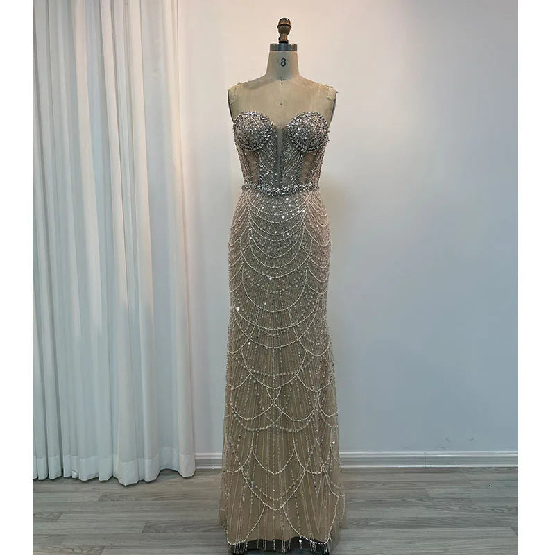 Luxury Dubai Mermaid Crysta Rhinestones Nude Evening Dresses Elegant Sweetheart Beaded Arabic Women Wedding Party Gowns