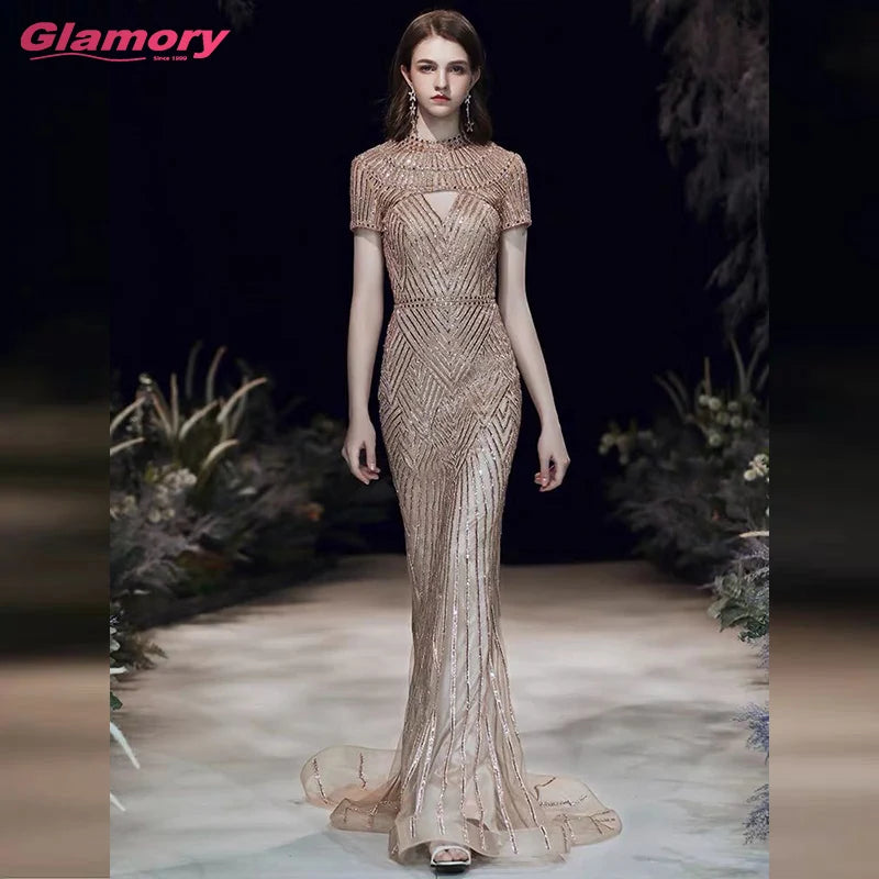 Luxury Beaded Formal Gowns Short Sleeves Trumpet Evening Gown for Muslim Evening Dress