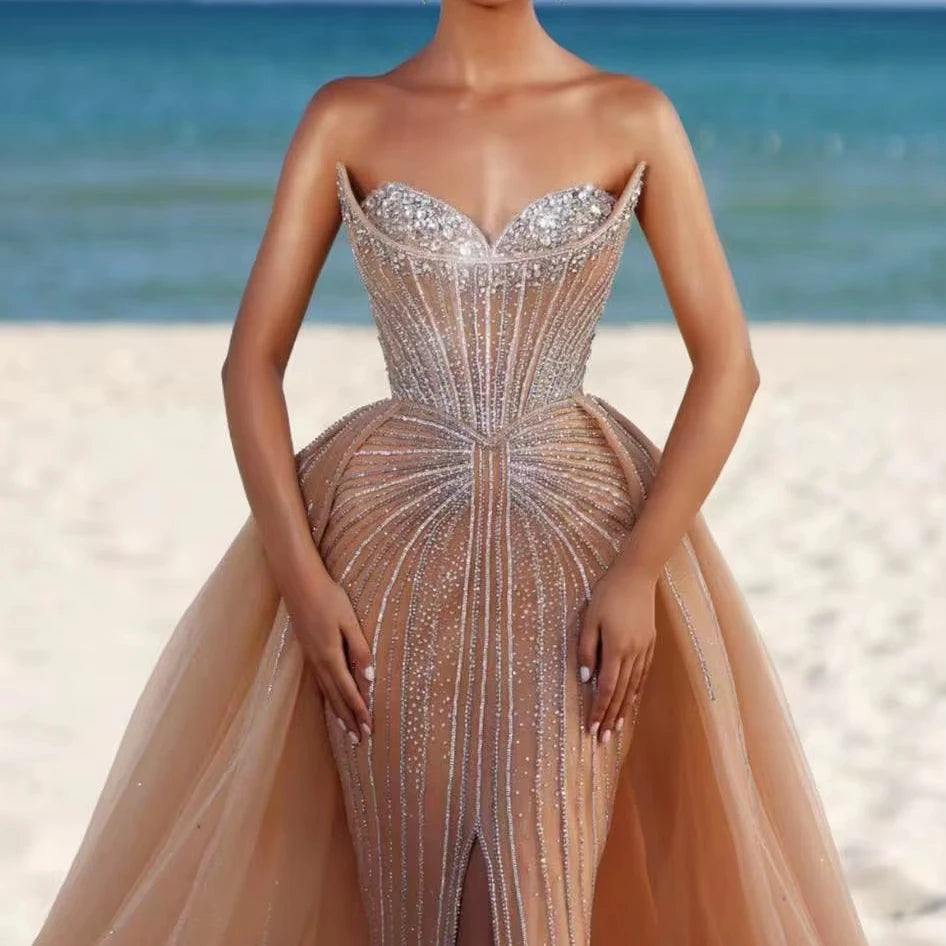 Champagne Silver Beading Overskirt High Quality Long Gown With Skirt Evening Dresses