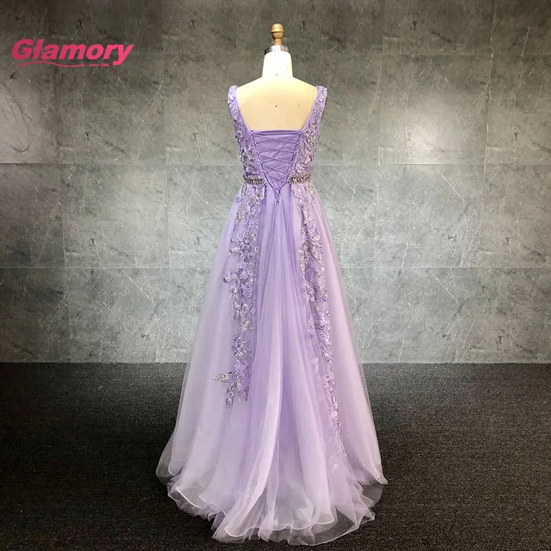 Lavender V Neck Embroidered Ball Gowns Beaded Belt A-Line Ladies Evening Dress Luxury Prom Dresses for Party