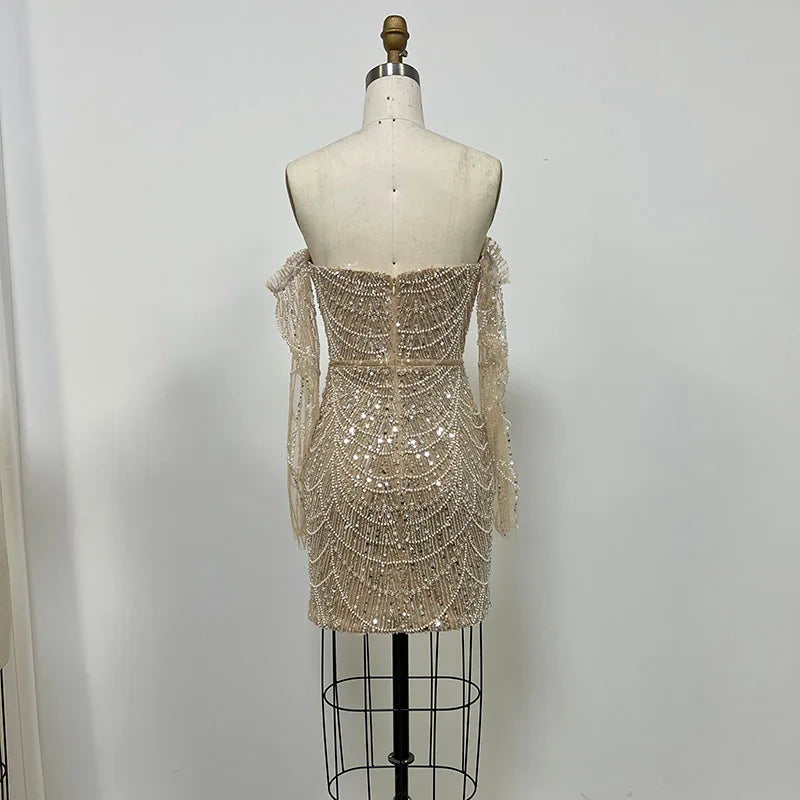 Luxury Dress Women Celebrity Party Wear Long Sleeve Beaded Evening Dresses Gowns