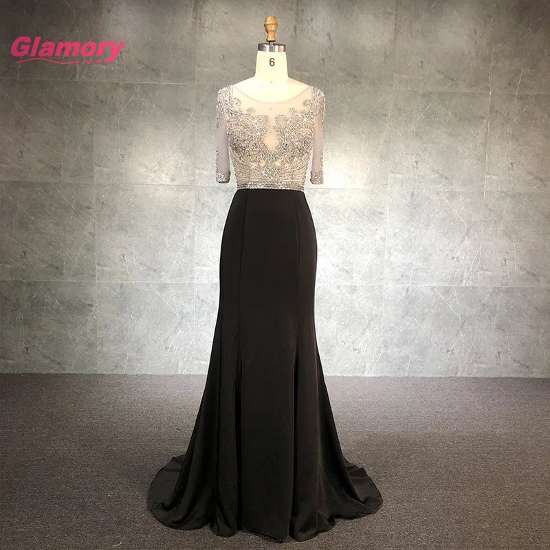 Real Sample Black High Neck Beading Evening Dress Long Women's Mermaid Luxury Custom Made Party Gowns