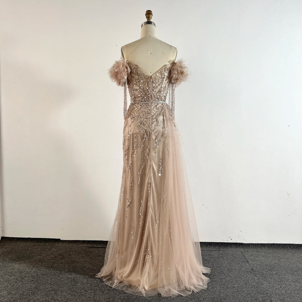 2024 NEW Arabic Dubai Nude Mermaid Luxury Evening Dresses Gowns Boat Neck Beaded Tassel for Women Wedding Party