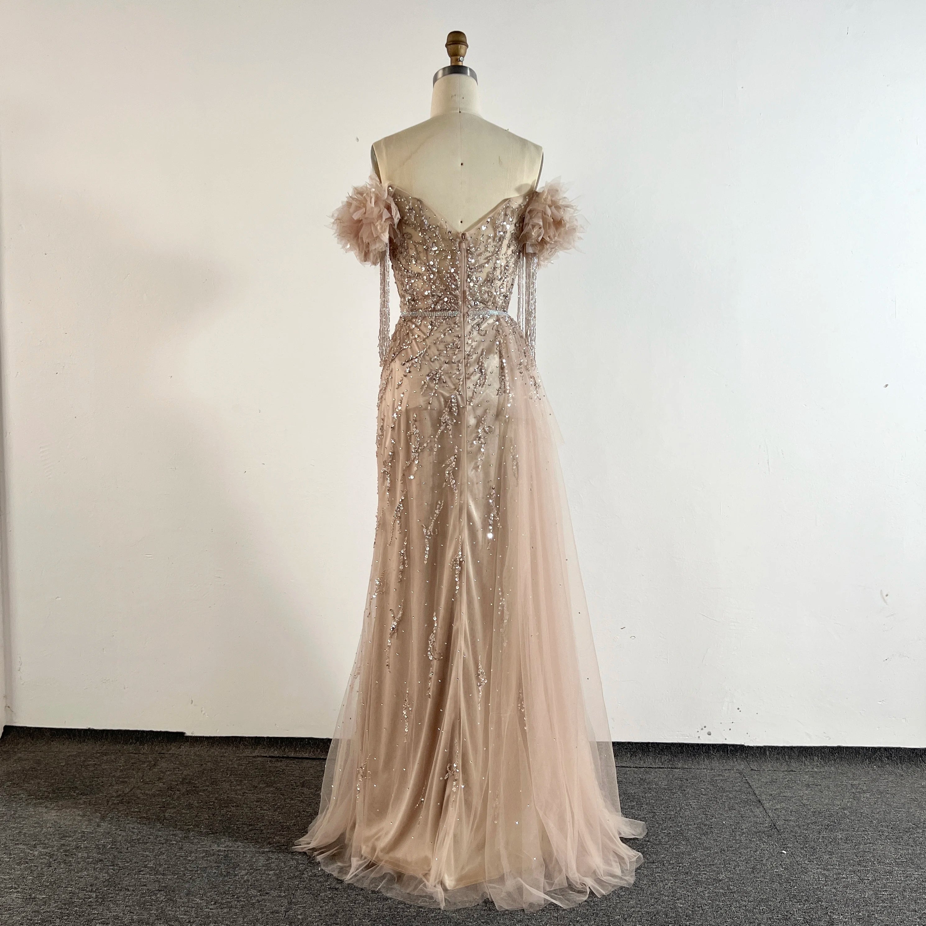 2024 NEW Arabic Dubai Nude Mermaid Luxury Evening Dresses Gowns Boat Neck Beaded Tassel for Women Wedding Party