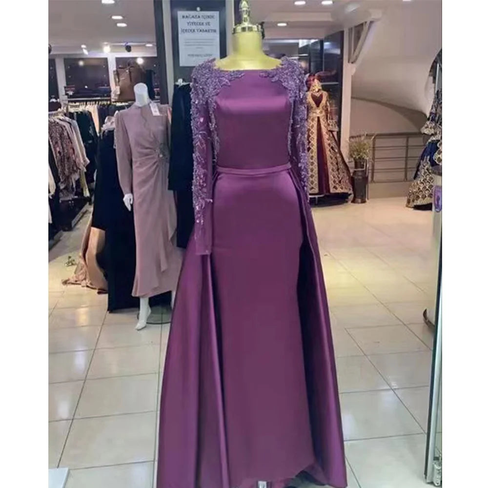 2022 New Arrival Muslim Satin Evening Dresses Purple Formal Party Evening Dresses for Women Luxurious