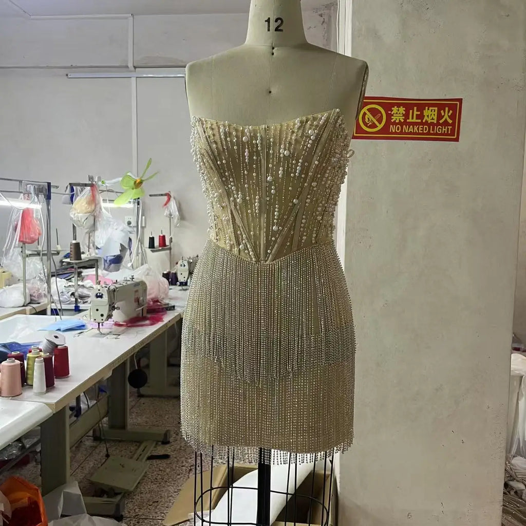 Silver Sexy New Mini Dress Tassel Pearl Stripe Mini Cocktail Party Slim Fit Evening Dress High Waist Sleeveless Strapless
