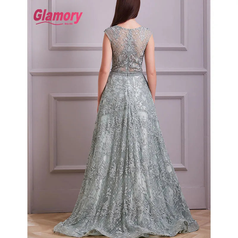 2020 New Collection Mint Evening Lace Luxurious Beading Cap Sleeve a Line Long Prom Dress Formal Occasion Gowns