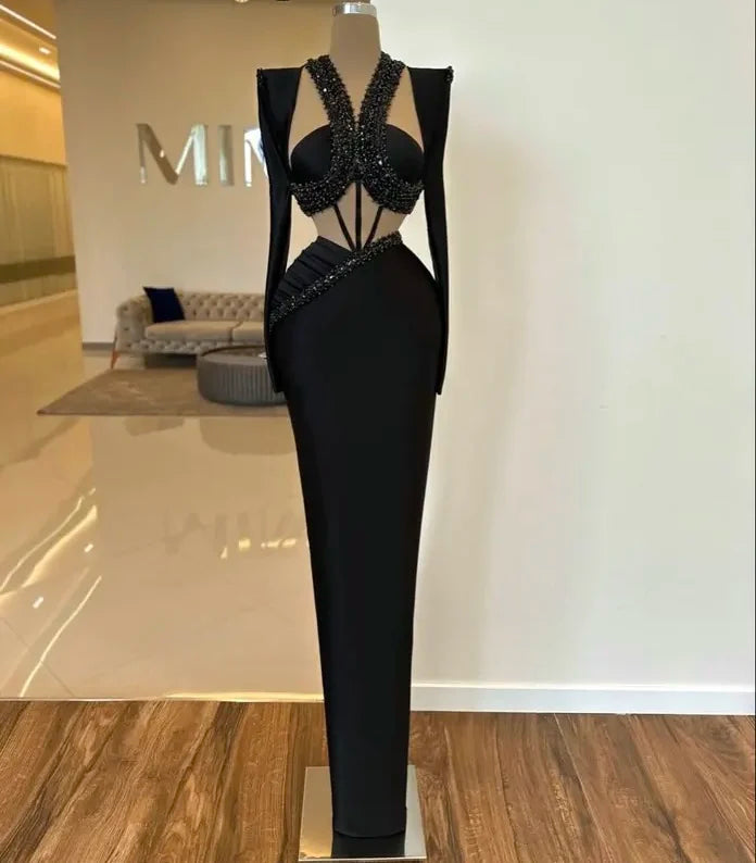 Elegant Black Long Celebrity Party Dress Customized Beaded Evening Prom Formal Occasion Dresses Robe De Soiree 2025