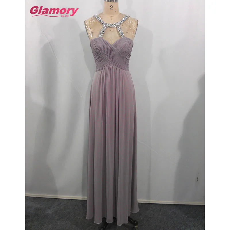 High Quality Pleated Long Dress Halter Luxury Beaded Evening Gown Women Sexy Chiffon Bridesmaid Dresses
