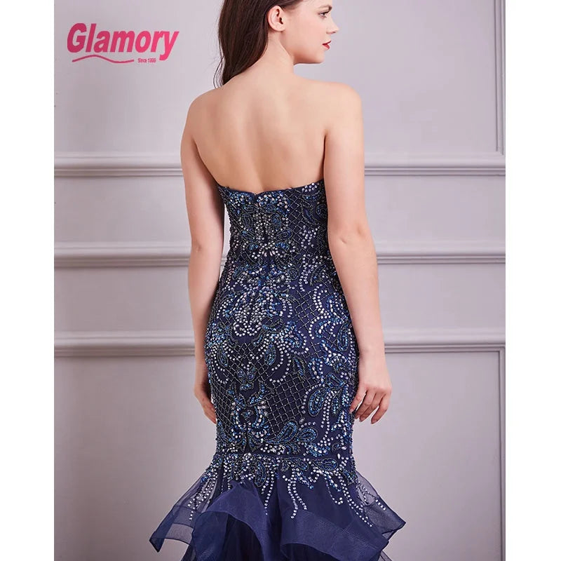 Dark Blue Real Sample Pictures Dresses Beaded Mermaid Evening Dress With Great Price