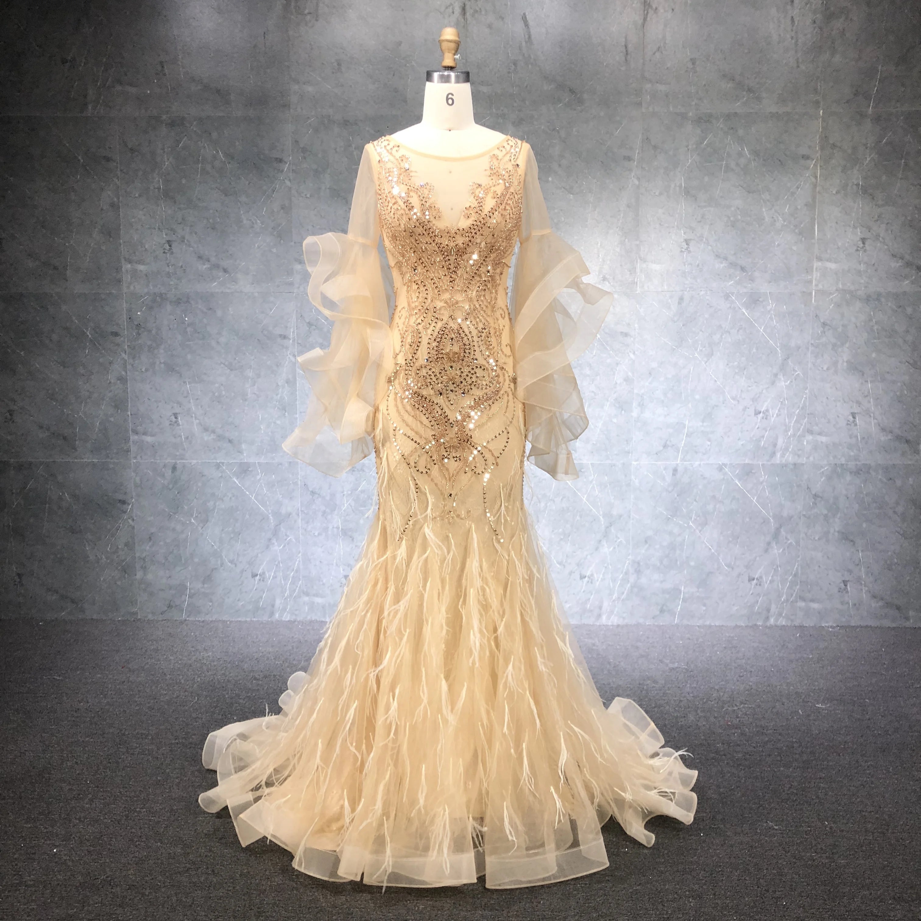 2020 New Arrival Beading Mermaid Ruffle Sleeve Evening Dresses Party Dress for Women Dress