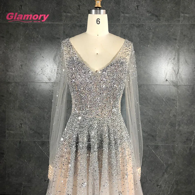 Hot Sale Korean Luxury Long Sleeves Prom Gown V Neck Party Evening Dress