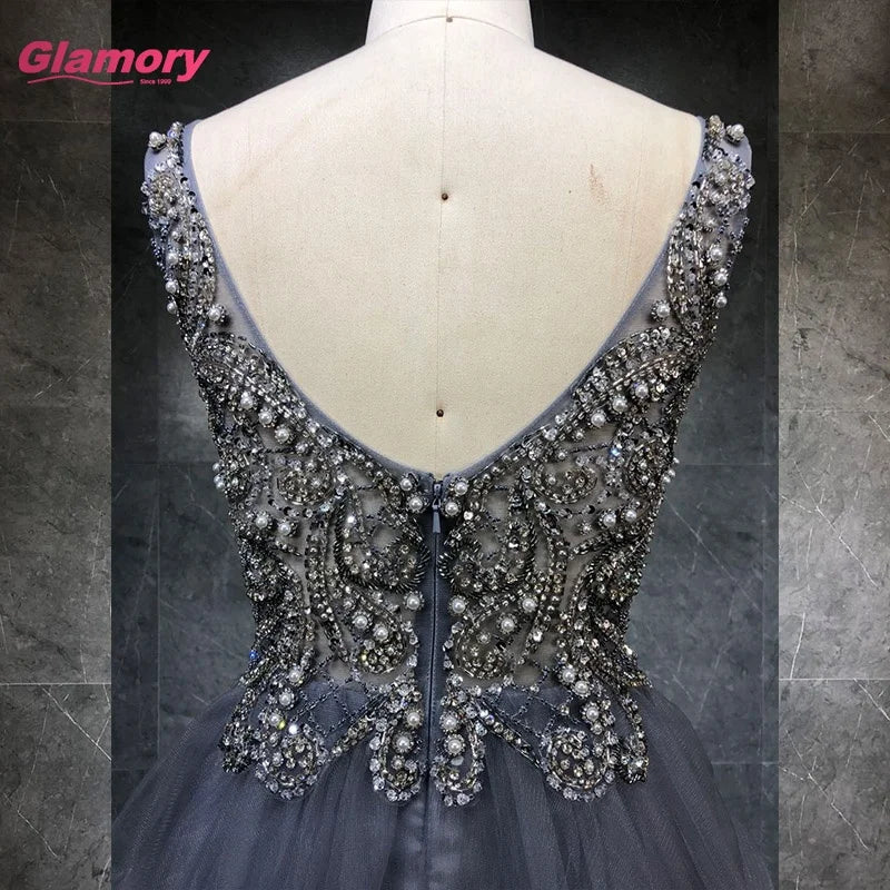 Gray Deep V-neck Puffy Evening Dresses Long Seductive Tulle Beading Prom for Women