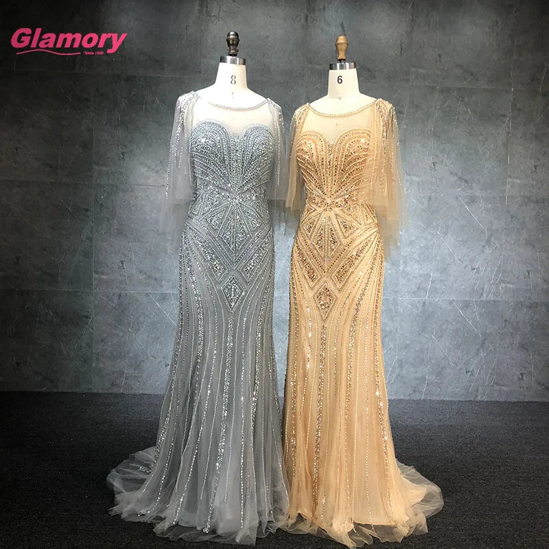 In Stock Luxury Cape Beaded Party Gown O Neckline Mermaid Evening Prom
